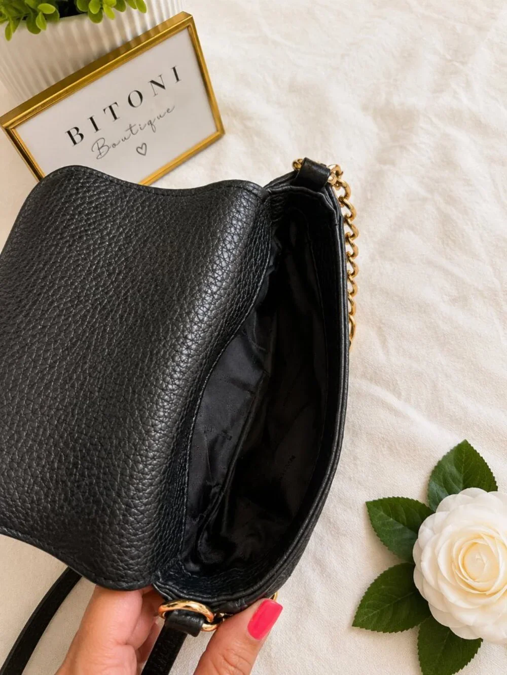 Michael Kors Black Leather Crossbody Bag | Gold Chain Accent | Pebbled Leather |